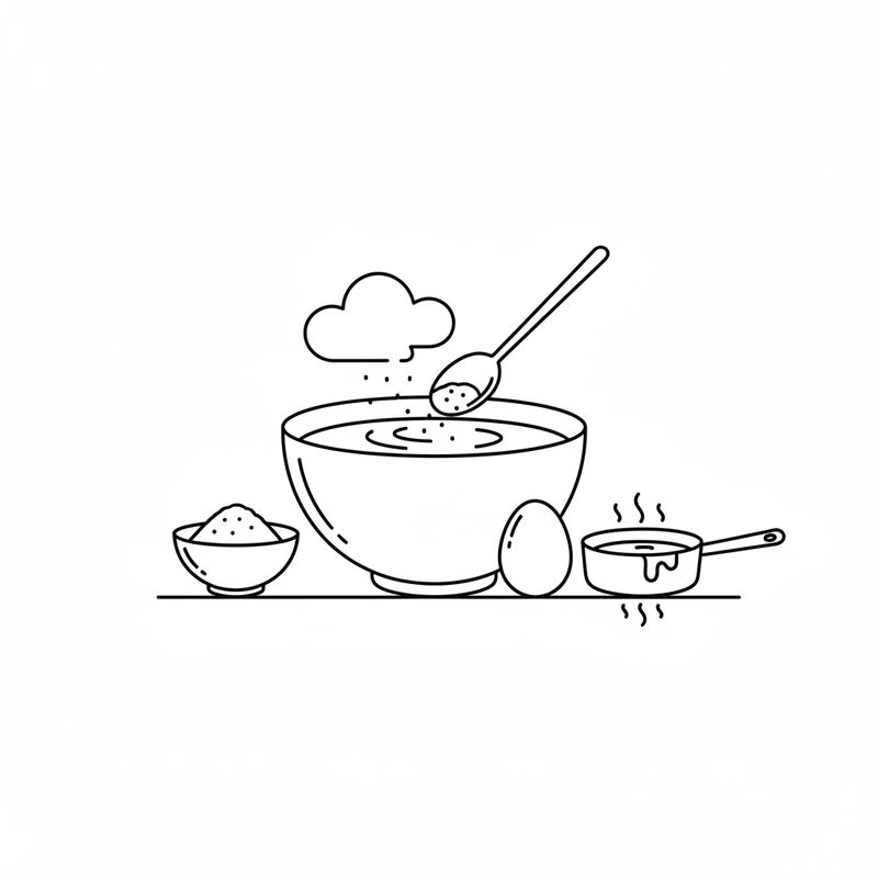 Line drawing of a large bowl of milk with a spoon sprinkling yeast into it, a small bowl of sugar, an egg and a small pan of melted butter beside it