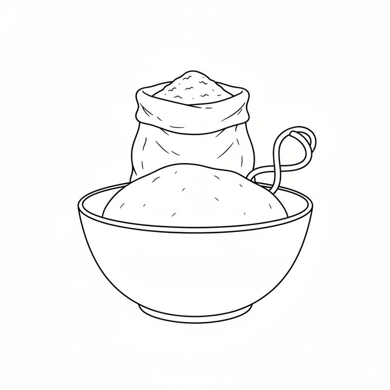 Line drawing of a round, smooth dough in a mixing bowl with a dough hook resting on the rim and a bag of flour behind