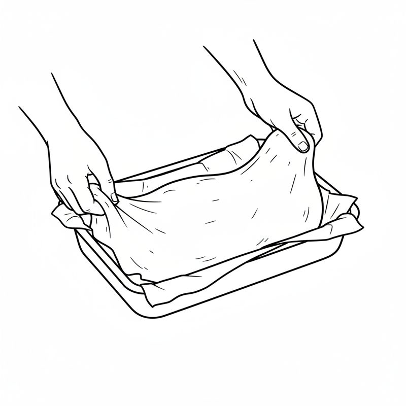 Line drawing of two hands pressing a sheet of dough into a rectangular tin lined with baking paper