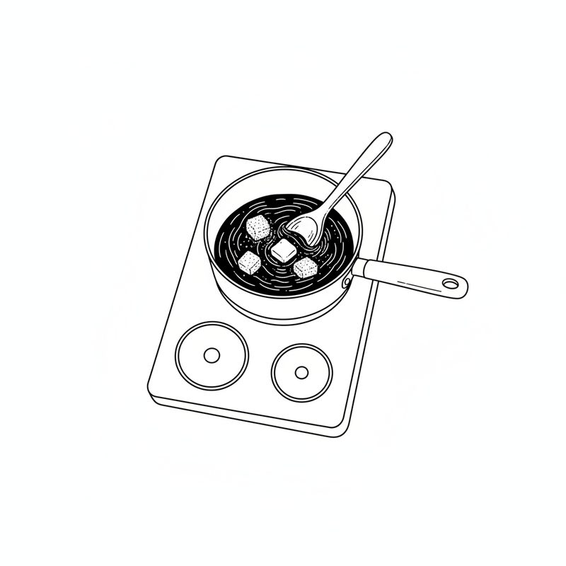 Line drawing of a saucepan of dark melted butter and brown sugar on a hotplate, stirred with a wooden spoon