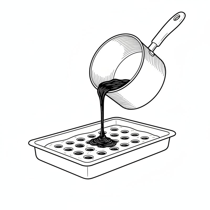 Line drawing of a saucepan pouring dark topping into rows of dimples in a sheet of dough in a rectangular tin