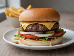 Homemade beef burger on a white plate: a browned patty with melted cheese on lettuce, tomato slices, onion rings and pickled cucumber in a soft bun, with ketchup and mustard, fries behind