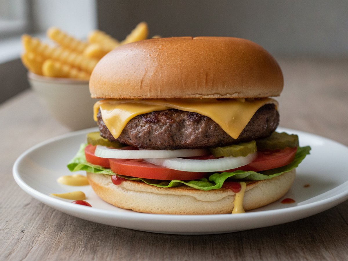 Homemade beef burger on a white plate: a browned patty with melted cheese on lettuce, tomato slices, onion rings and pickled cucumber in a soft bun, with ketchup and mustard, fries behind