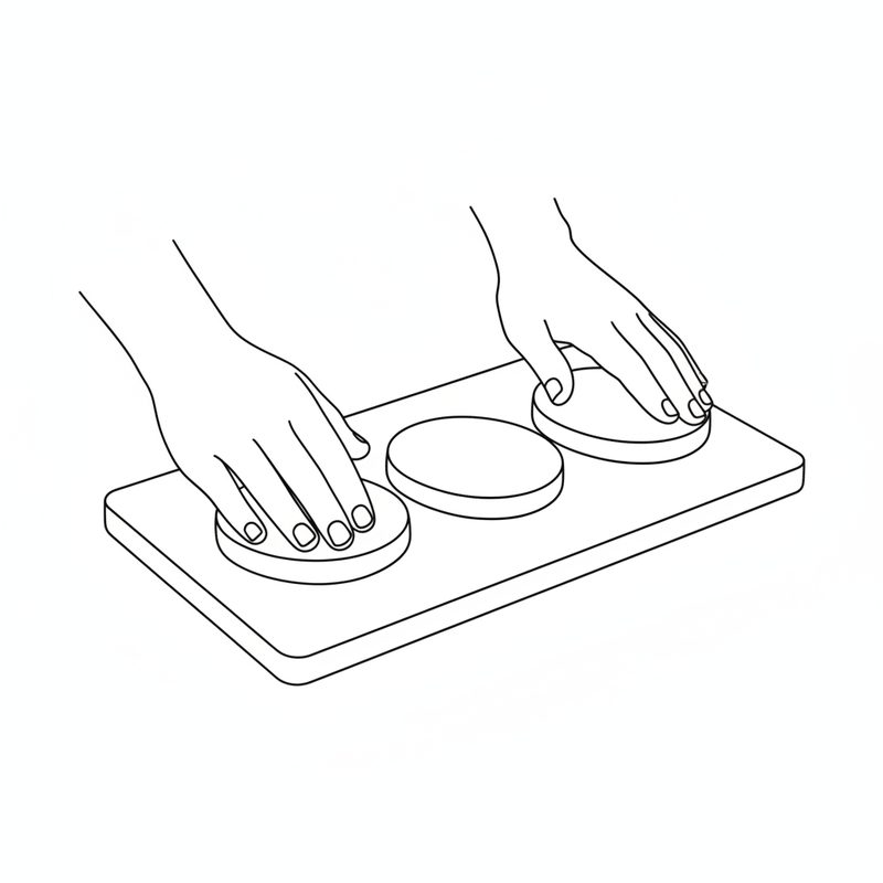 Line drawing of two hands pressing round, flat beef patties on a cutting board, three patties visible