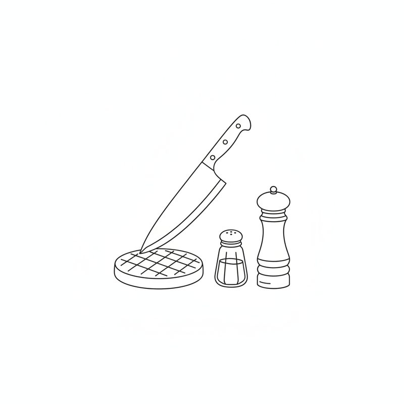 Line drawing of a chef's knife resting on a beef patty scored with a criss-cross pattern, beside a salt shaker and a pepper mill