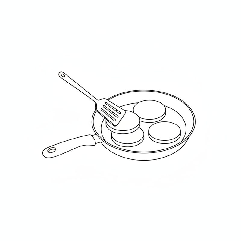 Line drawing of four burger patties in a frying pan, a slotted spatula lifting one to turn it