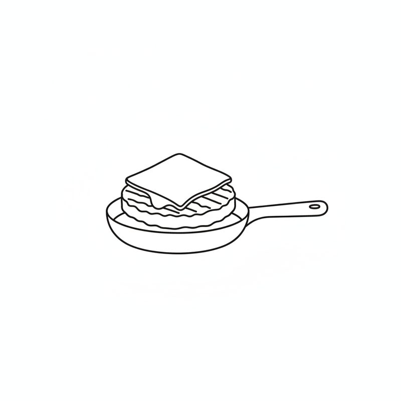 Line drawing of a square slice of cheese melting over a burger patty in a small frying pan