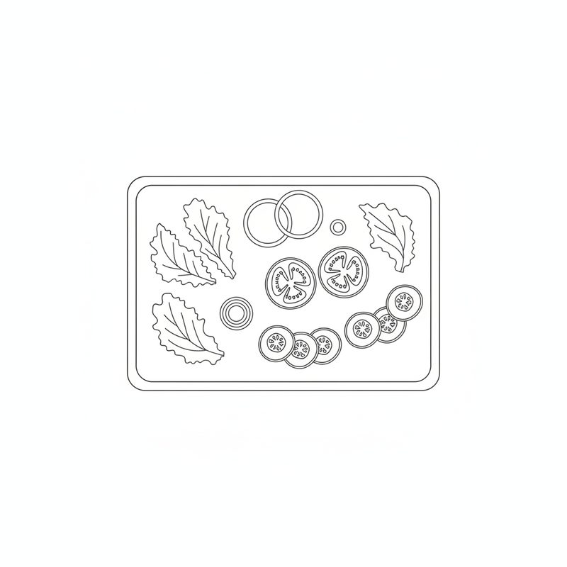 Line drawing of a cutting board with lettuce leaves, onion rings, tomato slices and sliced pickled cucumbers