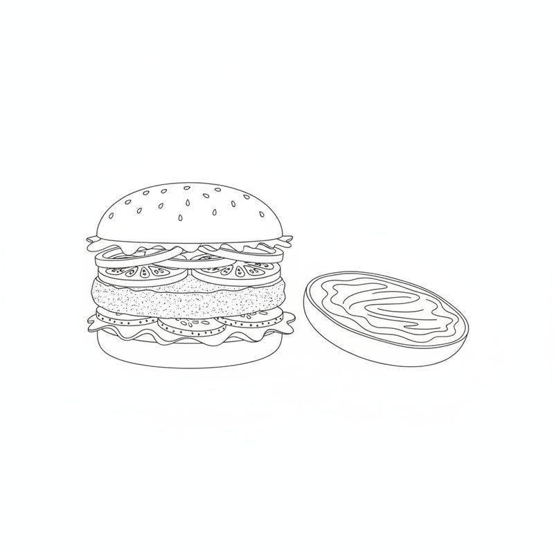Line drawing of an assembled burger with sesame bun, lettuce, patty, tomato and onion rings, beside a bun half spread with sauce