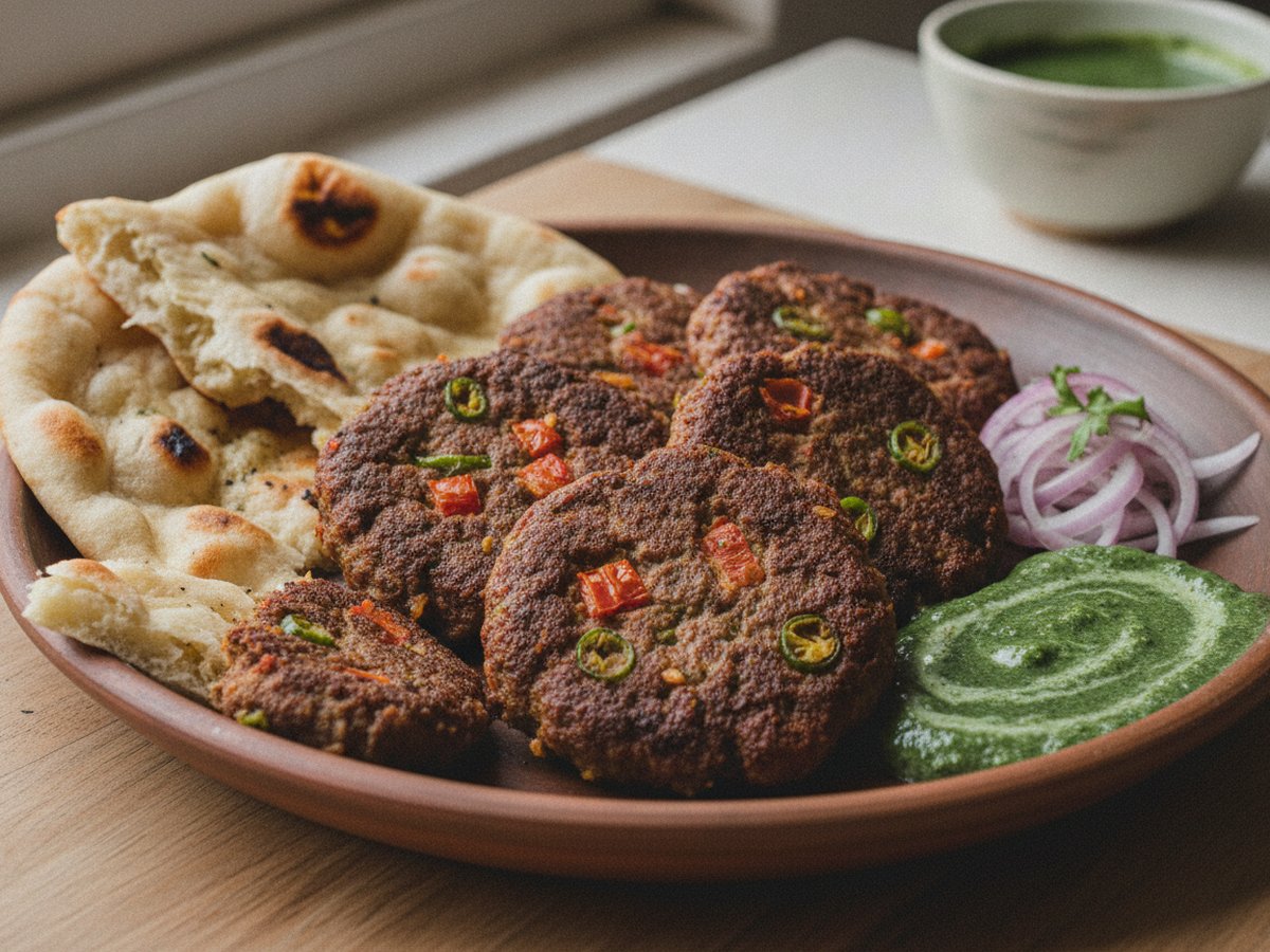 Plate of flat round chapli kababs studded with tomato and green chilli, served with naan, sliced red onion and green chutney