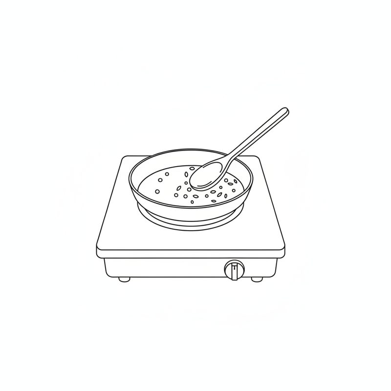 Line drawing of a frying pan of seeds on a single-burner stove, with a spoon stirring the seeds