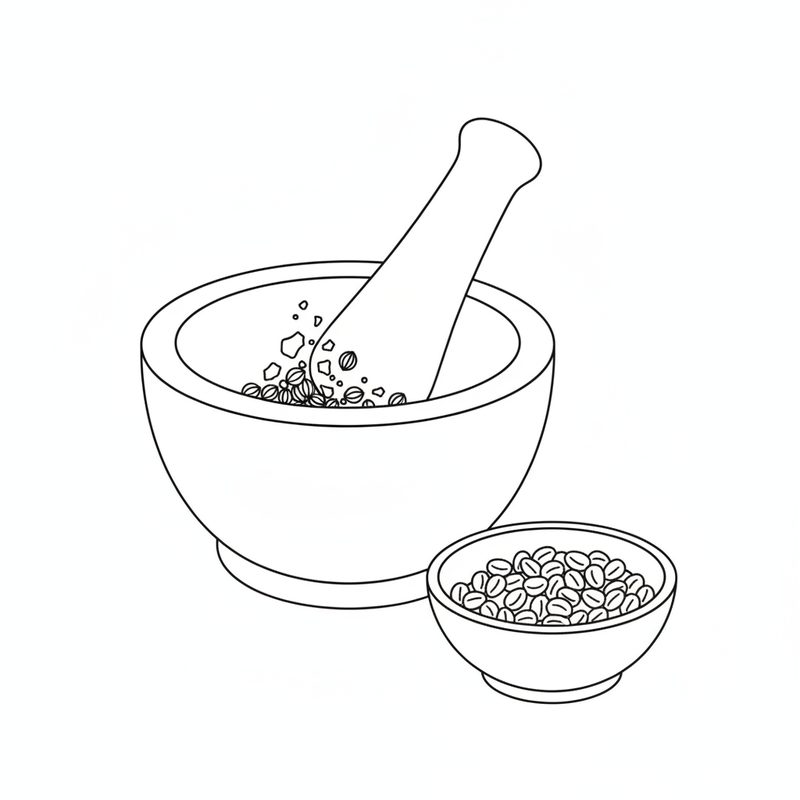 Line drawing of a mortar and pestle holding crushed seeds, with a small bowl of whole seeds beside it