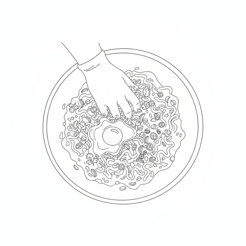 Line drawing from above of a gloved hand mixing a bowl of minced meat with chopped tomato, onion and herbs, a whole egg sitting on top