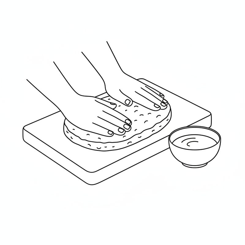 Line drawing of two hands pressing a large round patty flat on a chopping board, a small bowl of water beside the board
