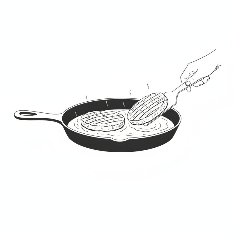 Line drawing of two round patties frying in oil in a cast iron pan, one being lifted and turned with a spatula