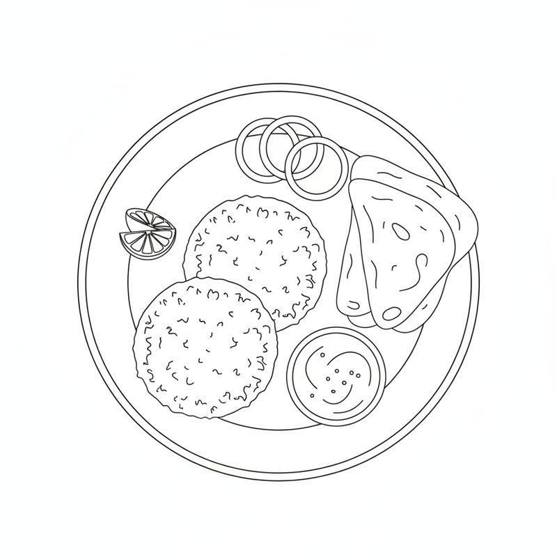 Line drawing from above of a plate with two round kababs, folded naan, a small bowl of raita, onion rings and lemon wedges