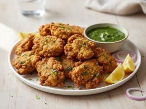Plate of craggy golden-brown chicken pakora flecked with chopped coriander, with a bowl of green chutney, lemon wedges and red onion rings