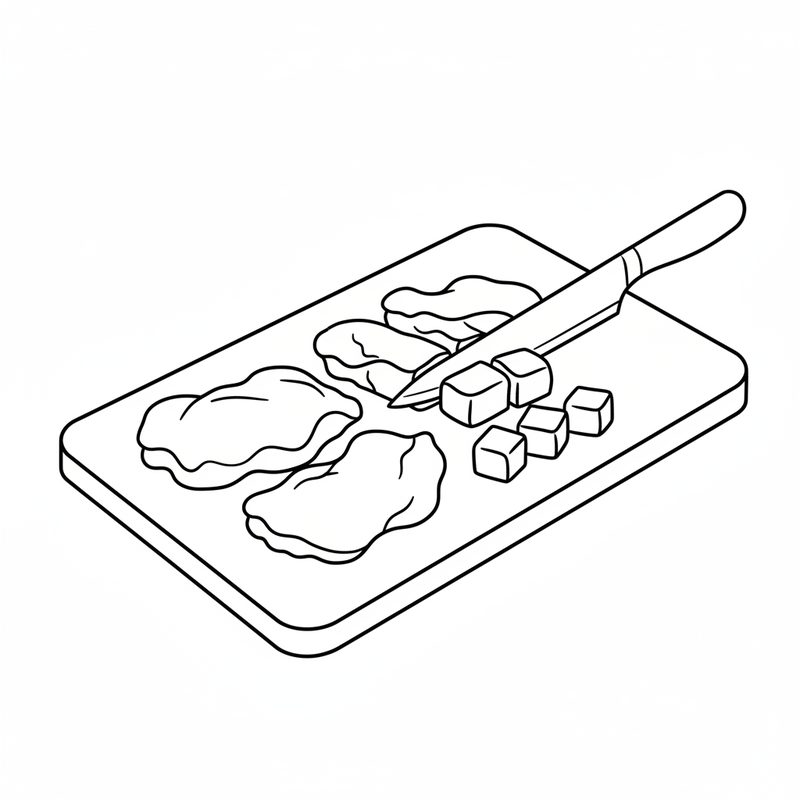 Line drawing of a chopping board with boneless chicken pieces and a knife cutting them into small cubes