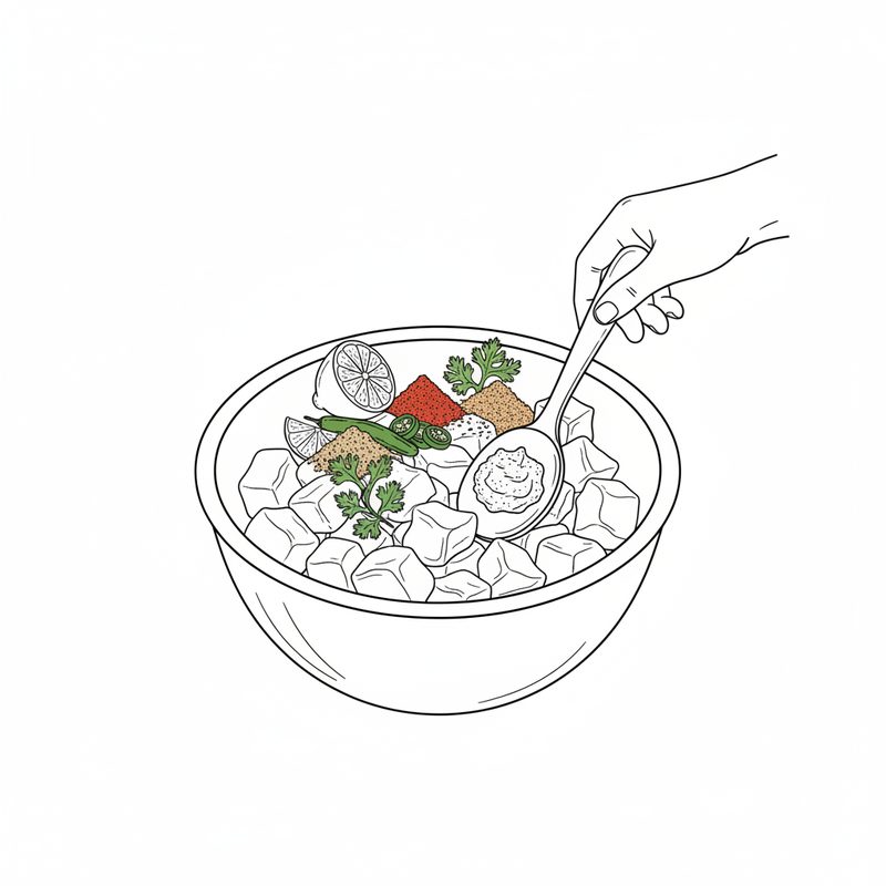 Line drawing of a hand stirring a bowl of chicken cubes topped with a lemon half, heaps of ground spices, sliced green chilli, coriander sprigs and a spoonful of paste