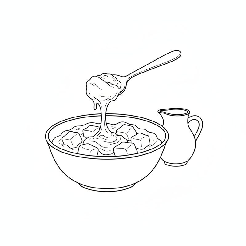 Line drawing of a spoon lifting thick batter from a bowl of coated chicken cubes, a small jug beside the bowl