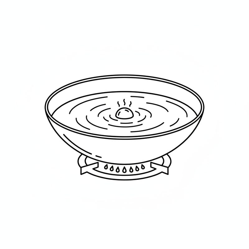 Line drawing of a wok of oil on a gas burner with one drop of batter bubbling at the surface