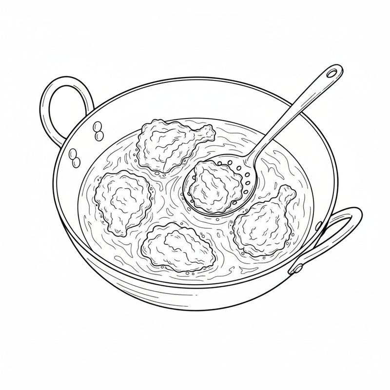 Line drawing of a two-handled karahi of oil with battered chicken pieces frying and a slotted spoon lifting one