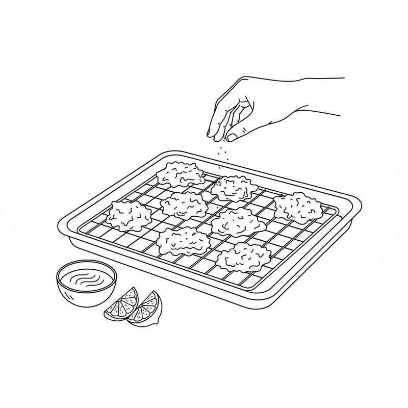 Line drawing of fried pakoras on a wire rack over a tray, a hand sprinkling seasoning over them, a dipping bowl and lemon wedges beside