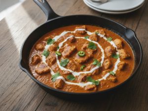 Chicken tikka masala in a cast-iron skillet: browned chicken pieces in a thick orange tomato and spice sauce with a swirl of crème fraîche, slices of green chili and fresh green herb leaves