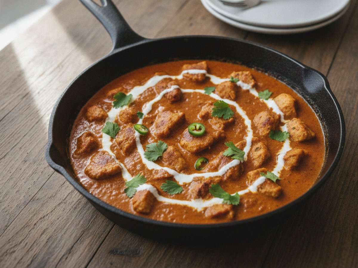 Chicken tikka masala in a cast-iron skillet: browned chicken pieces in a thick orange tomato and spice sauce with a swirl of crème fraîche, slices of green chili and fresh green herb leaves