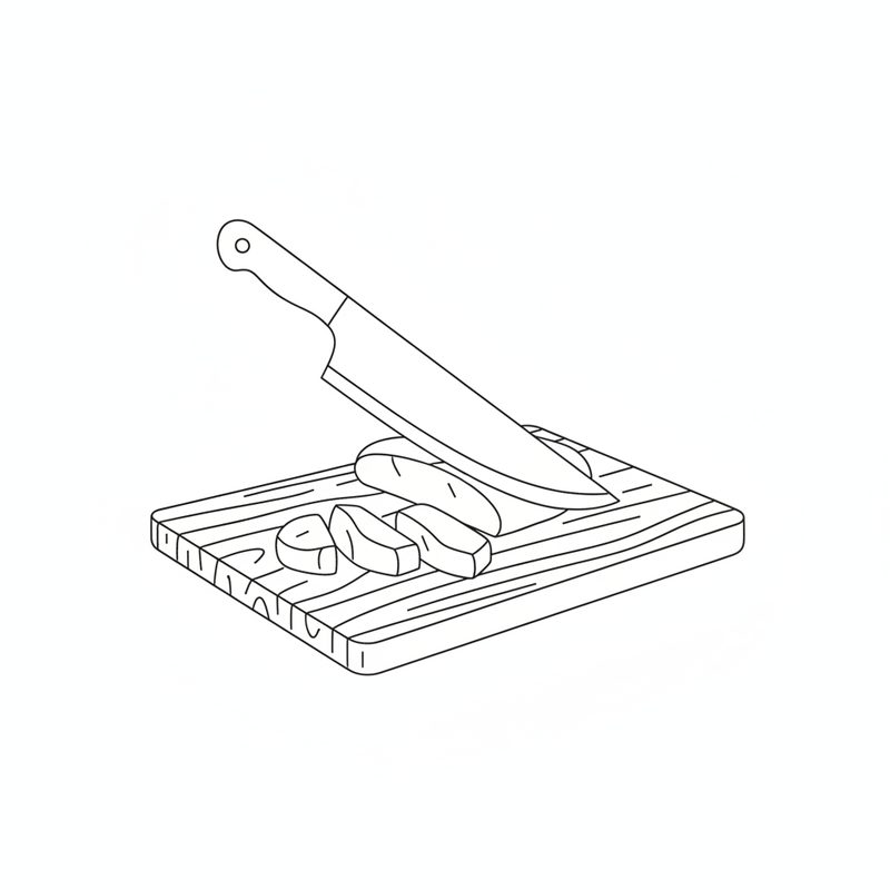 Line drawing of a chef's knife cutting a chicken fillet into chunks on a wooden board
