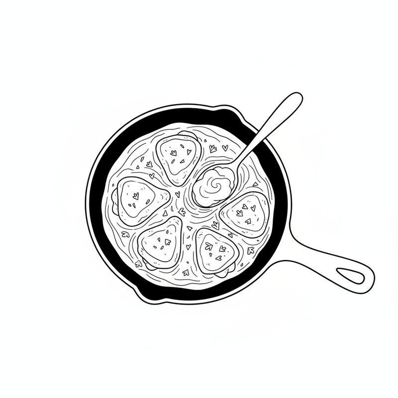 Line drawing of chicken pieces in a thick sauce in a cast-iron skillet, a spoonful of crème fraîche and scattered herb leaves on top