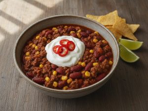 Bowl of chili con carne with minced beef, kidney beans and corn, topped with Greek yogurt and sliced red chili, served with tortilla chips and lime wedges