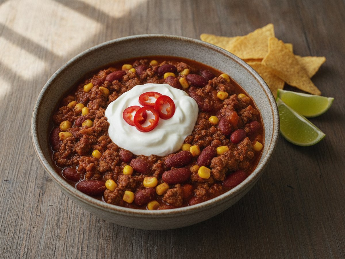 Bowl of chili con carne with minced beef, kidney beans and corn, topped with Greek yogurt and sliced red chili, served with tortilla chips and lime wedges