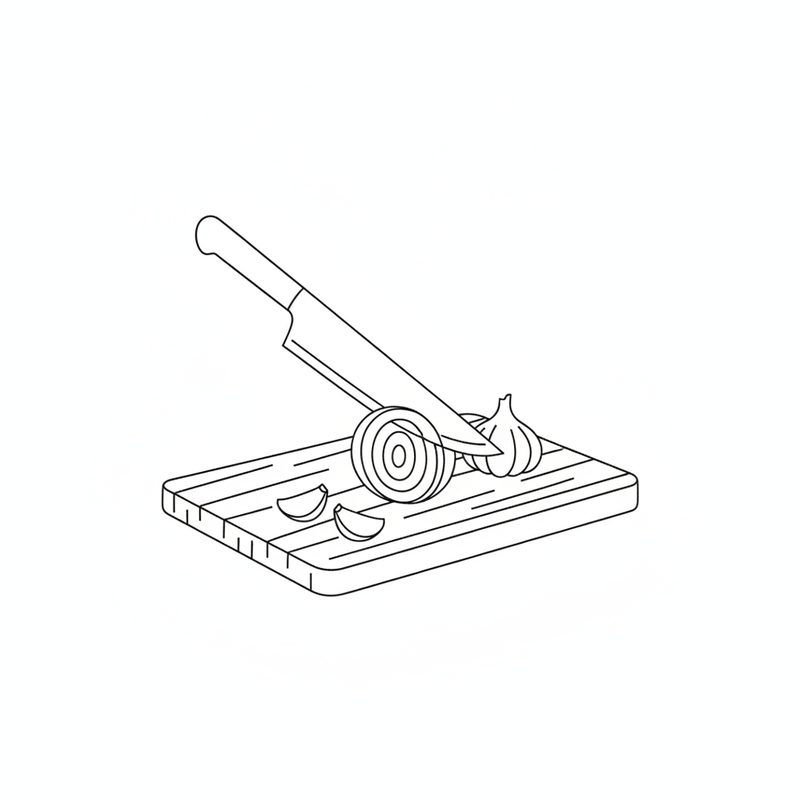 Line drawing of a chef's knife slicing through an onion on a wooden cutting board, with garlic cloves and a garlic bulb beside it.