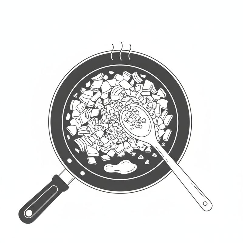 Line drawing seen from above of chopped onion and garlic in a frying pan with a pat of butter, stirred with a wooden spoon, steam rising.