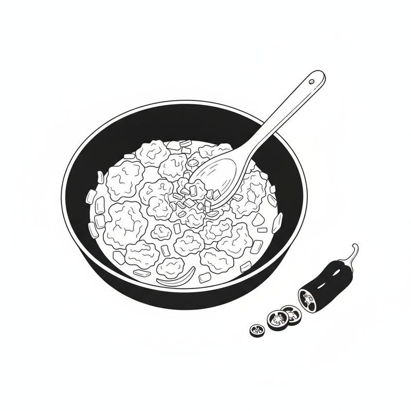 Line drawing of lumps of minced beef and chopped onion in a deep pan with a wooden spoon, and a red chili pepper cut into rings beside the pan.