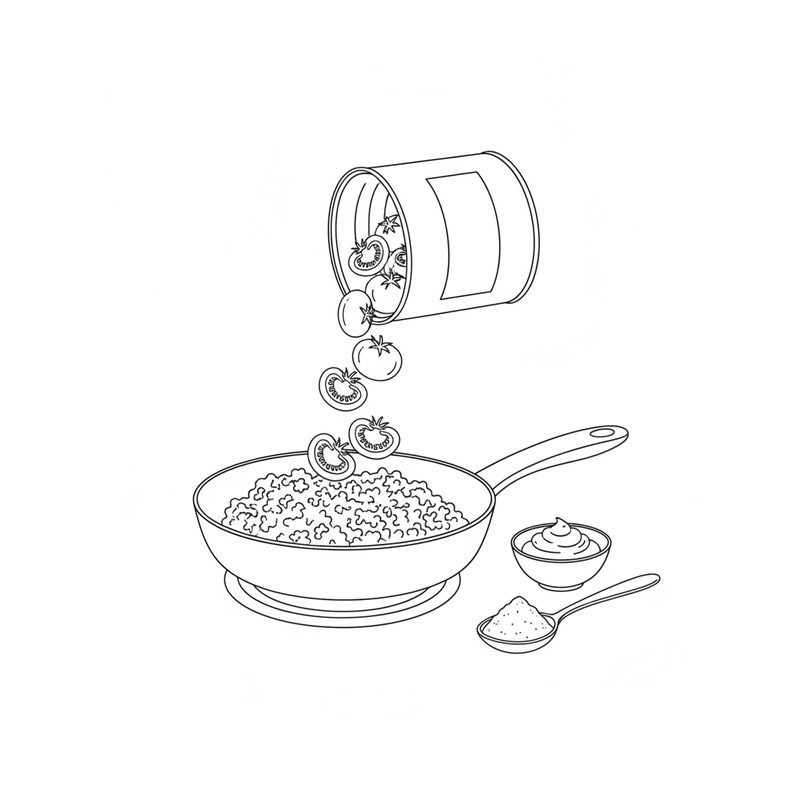 Line drawing of whole and halved peeled tomatoes tipping from a tin into browned minced beef in a pan on a hob, with a small bowl of tomato paste and a spoonful of ground spice beside it.