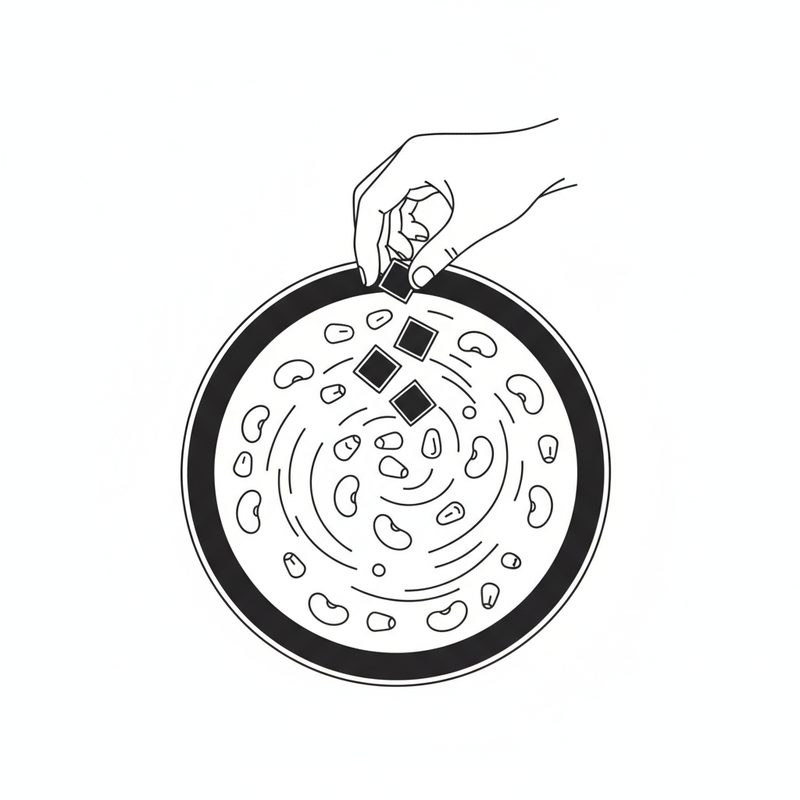 Line drawing seen from above of a pan of kidney beans and corn kernels as a hand drops squares of dark chocolate into it.
