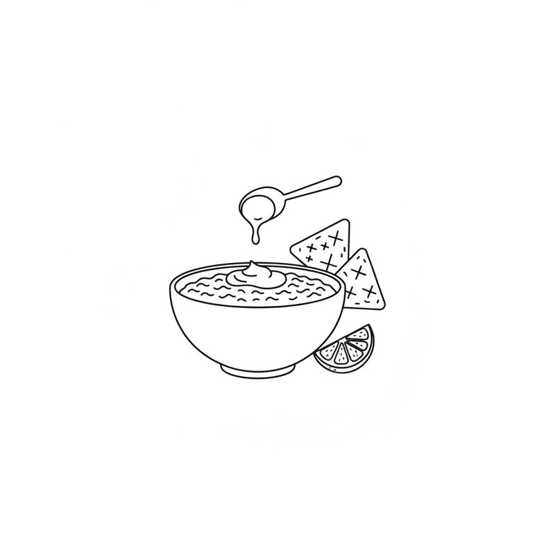 Line drawing of a bowl of chili topped with a spoonful of yogurt, with two tortilla chips and a lime wedge beside it.