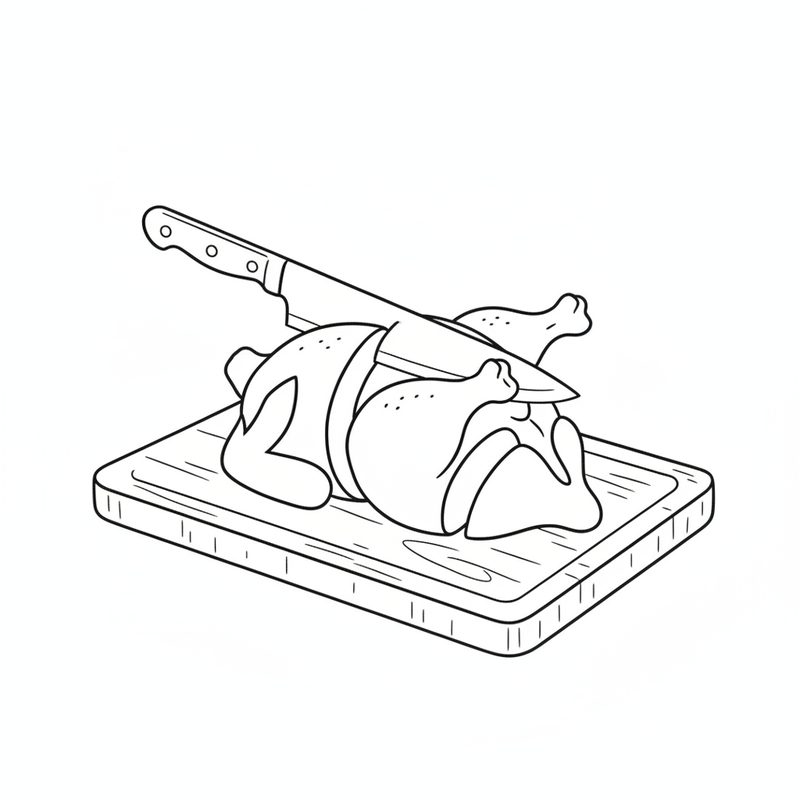 Line drawing of a chef's knife cutting into a whole raw chicken on a wooden cutting board