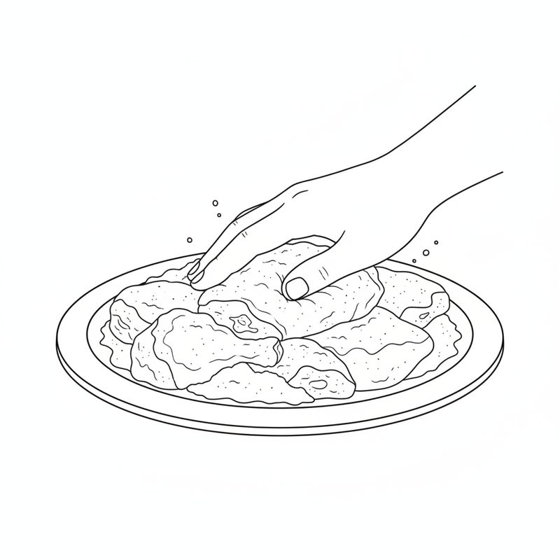 Line drawing of a hand pressing chicken pieces into flour on a flat plate