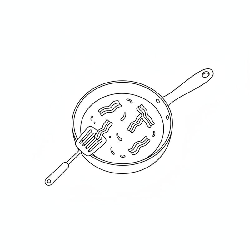 Line drawing of bacon pieces frying in a frying pan, with a slotted spatula lifting one out