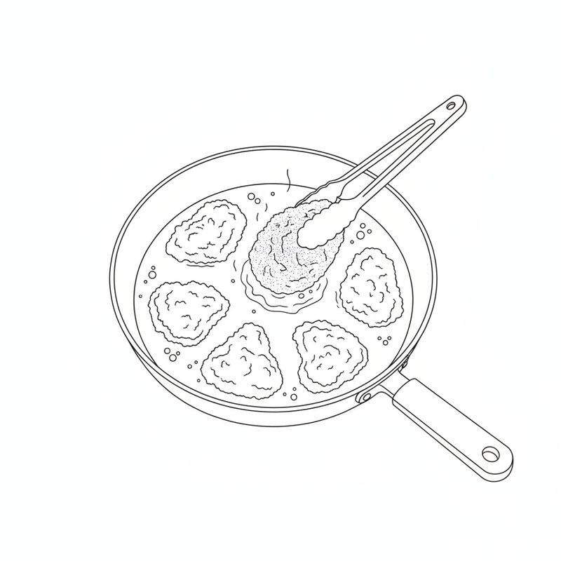Line drawing of floured chicken pieces sizzling in a frying pan, one lifted with tongs