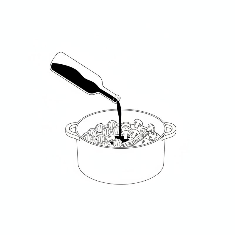Line drawing of red wine poured from a bottle into a pot of pearl onions, mushrooms and bacon