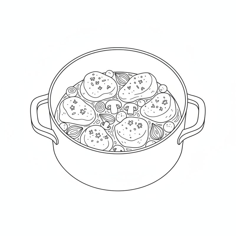 Line drawing of a pot of chicken pieces in sauce with mushrooms and small onions, sprinkled with herbs