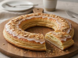Flat oval Danish kringle with white icing and sliced almonds on a wooden board, one slice cut to show the almond filling