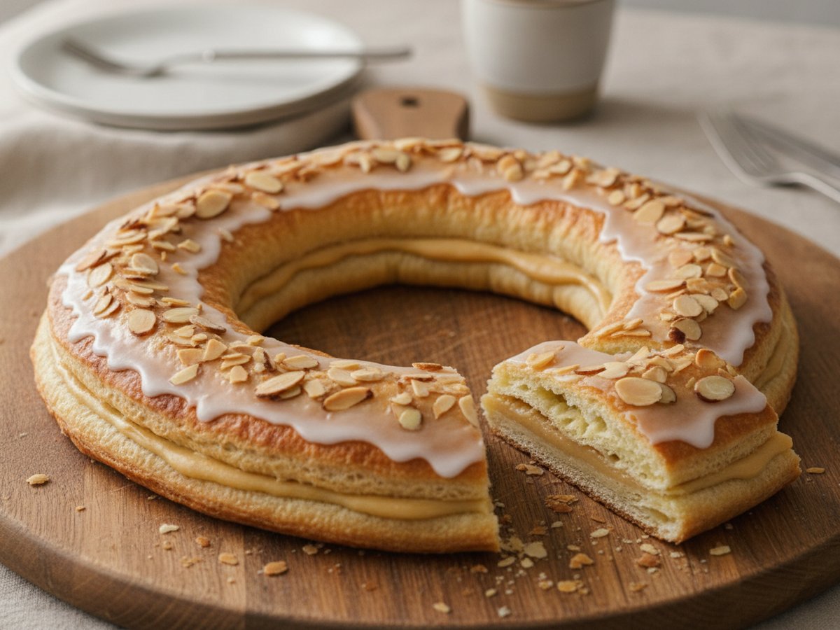 Flat oval Danish kringle with white icing and sliced almonds on a wooden board, one slice cut to show the almond filling