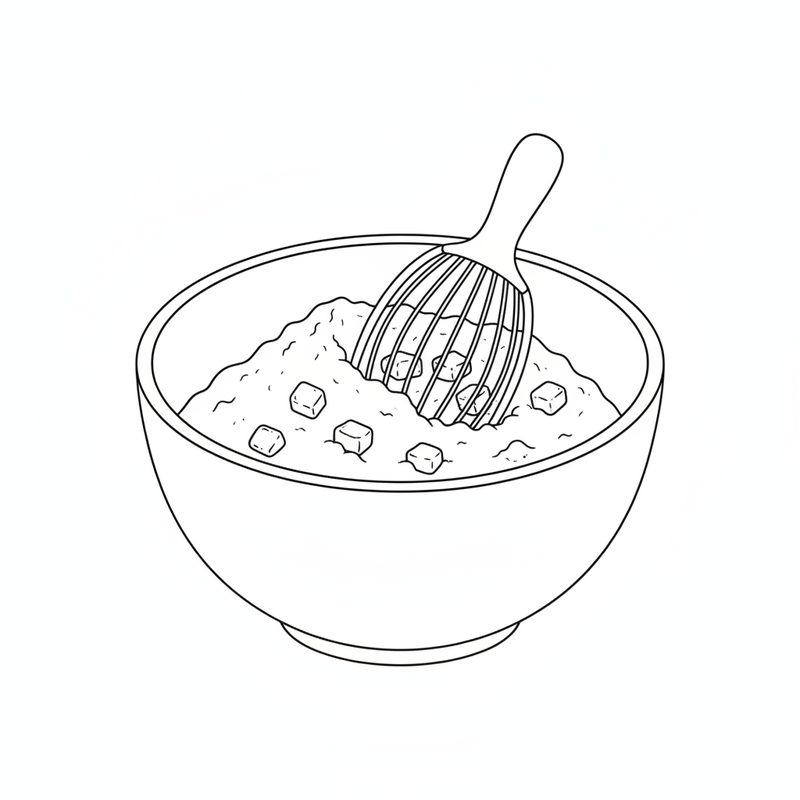 Line drawing of a mixing bowl of flour with small cubes of butter and a pastry blender cutting them in