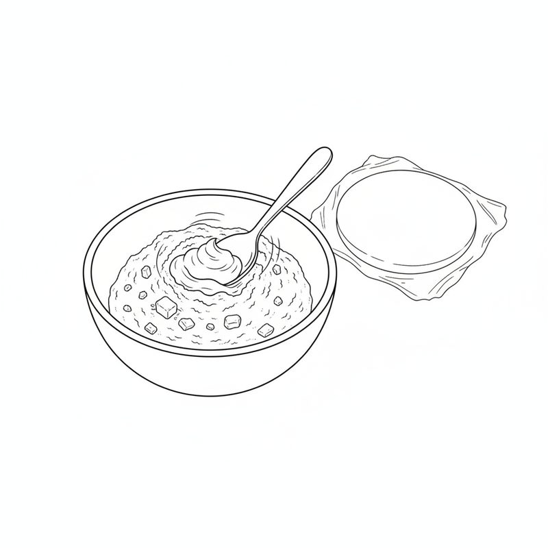 Line drawing of a spoon stirring a dollop of sour cream into a bowl of crumbly dough, with a flat disc of dough wrapped in plastic beside it