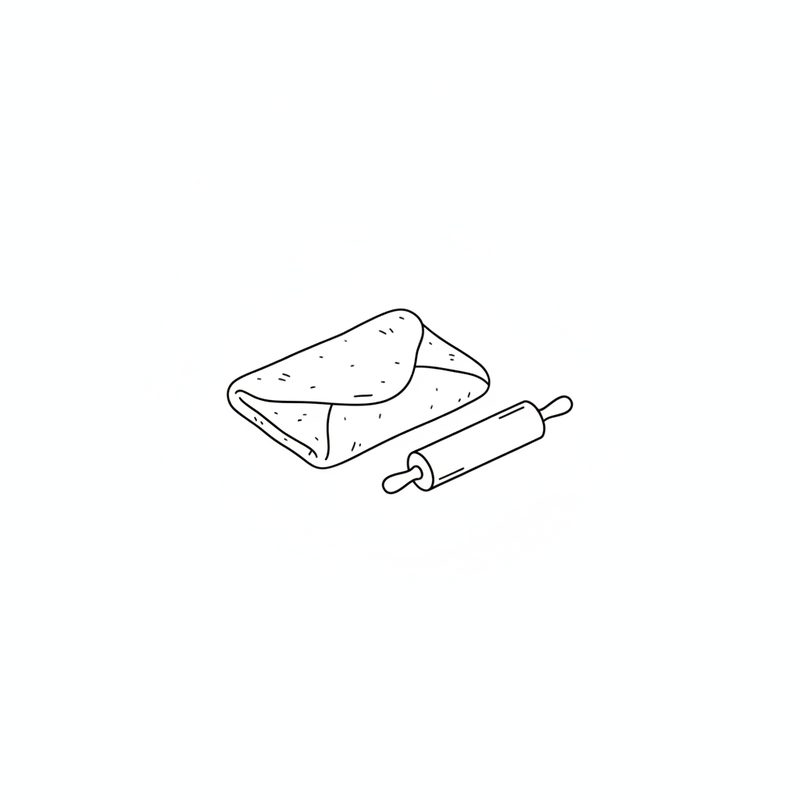 Line drawing of a small rectangle of pastry dough folded into thirds like a letter, with a rolling pin beside it
